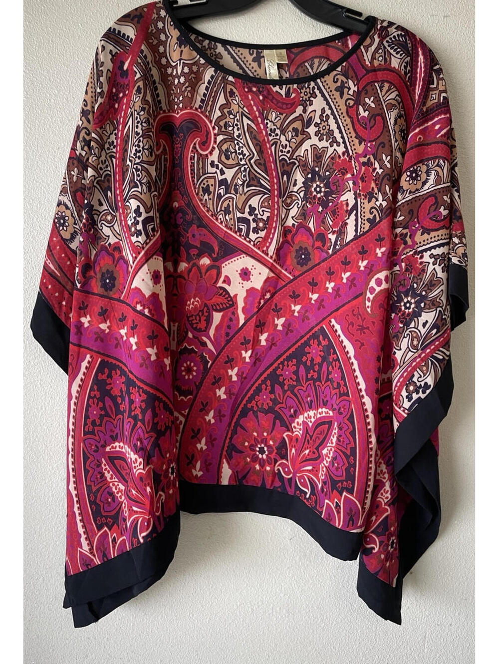 Small Poncho Blouse  Red Paisley Floral Semi Sheer Boho